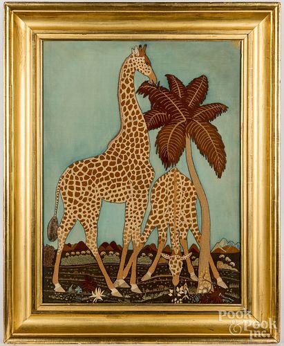 Large wool needlework of two giraffes