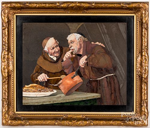 Italian mosaic panel of two monks cooking