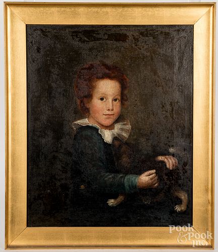 Oil on canvas portrait of a young boy and his dog