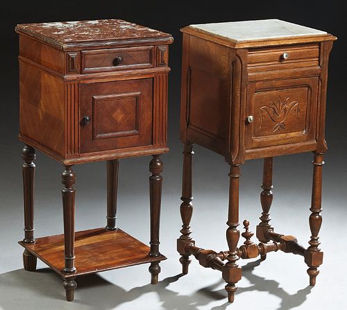 Two French Henri II Style Carved Walnut Marble Top Nightstands, early 20th c., one with an inset white marble over a frieze drawer and a pot cupboard,