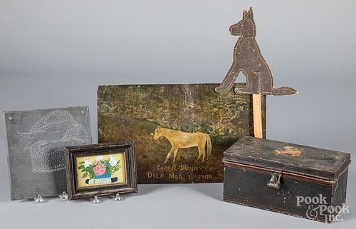 Folk art, to include a painted tin horse portrait