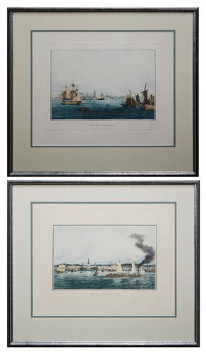 Ambroise Louis Garneray (1783-1857, French), "Vue de la Nouvelle Orleans" and "Vue de Philadelphia," 19th c., hand-colored etchings, each signed "Garn