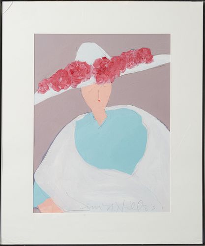 Jill Hill (American), "Woman in Hat," 1983, acrylic on paper, signed and dated lower center, presented in a silvered frame, H.- 22 in., W.- 16 in., Fr