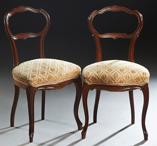 Pair of French Louis XV Style Carved Walnut Side Chairs, late 19th c., the open oval back over a cushioned bowed seat, on cabriole legs, in green, whi