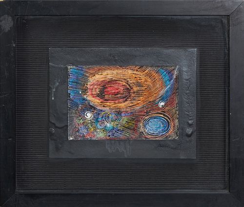 Jim Block (1960-, New Orleans), "Abstract," 2003, mixed media, signed and dated lower right margin, presented in an ebonized shadowbox frame, H.- 4 in