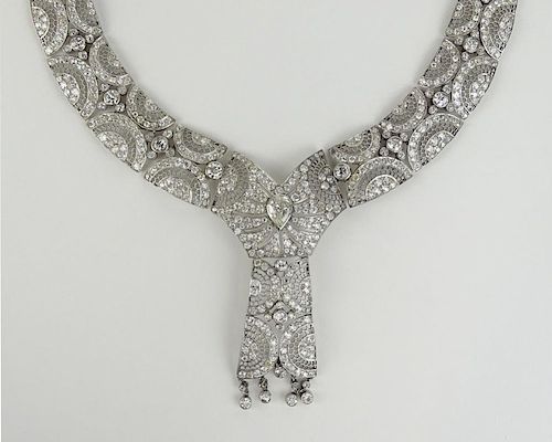 Stunning Edwardian Approx. 40.0 Carat Old European and Round Brilliant Cut Diamond and Platinum Filigree Necklace.