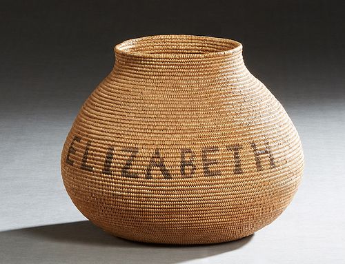 Native American "Elizabeth" Woven Straw Shoulder Jar, 19th c., Chemeuhevi Tribe, H.- 7 1/2 in., Dia.- 9 in. Provenance: items deaccessioned from the H