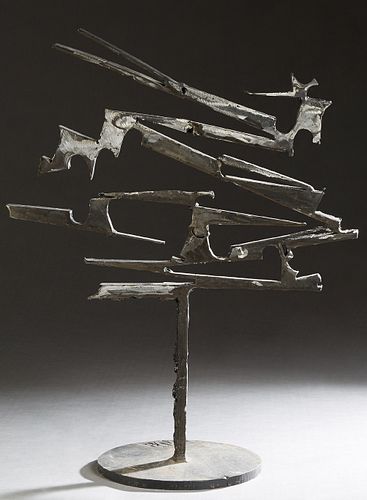 Norman Therrien (1935-2007, American), "Modernist Abstract Steel Sculpture," 1978, signed in monogram and dated on the circular iron base, H.- 28 1/4 