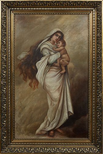 French School, "Madonna and Child," early 20th c., oil on canvas, presented in a gilt relief frame, H.- 22 1/4 in., W.- 13 1/2 in., Frame H.- 27 1/2 i