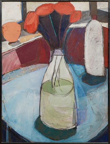 Susan Langen Schamp, "Abstract Flowers in a Vase," 20th c., oil on masonite, presented in a narrow silvered wood frame, H.- 47 1/2 in., W.- 35 1/2 in.