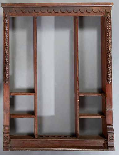 American Carved Birch Pool Cue Holder, late 19th c., with space for six sticks and shelves for supplies, H.- 58 in., W.- 45 in., D.- 5 1/2 in.