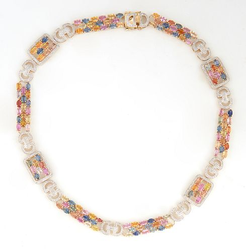 14K White Gold Link Necklace, with six rectangular links with 17 oval multi-color oval sapphires, joined by 10 double "D" diamond mounted links, to fo