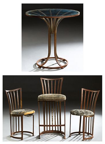 Four Piece Contemporary Wrought Iron Breakfast Set, 20th c., consisting of a glass top table, two canted slat back chairs and a bar stool, Stool- H.- 