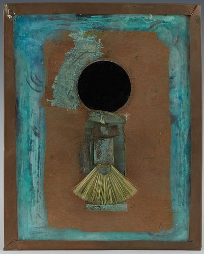 Jim Block (1960-, New Orleans), "Broom," 20th c., collage on copper, unsigned, unframed, H.- 9 1/2 in., W.- 7 1/2 in., D.- 1 in. Provenance: from the 