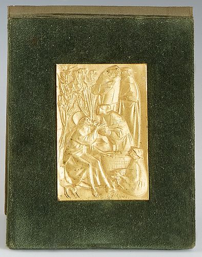 Egidio Giaroli (1912-2000, Italy), "The Woman at the Well," 20th c., gilt bronze plaque, signed lower right, presented in a fitted cloth covered case,
