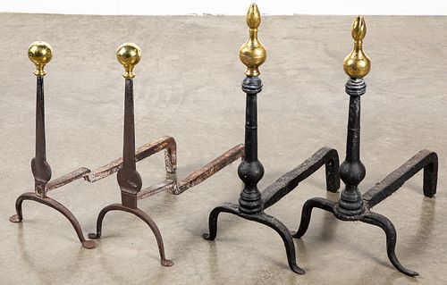 Two pairs of brass and iron andirons