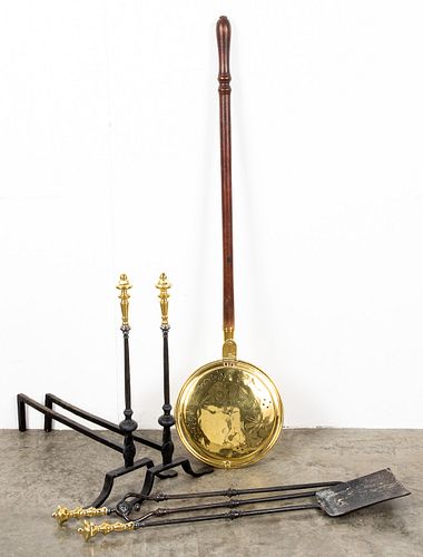 Pair of brass and iron andirons, etc.