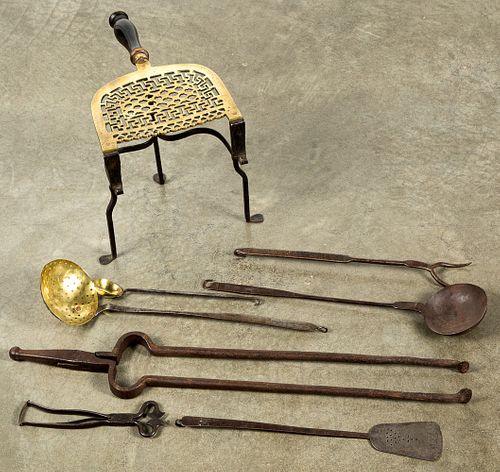 Iron and brass utensils, trivet, etc.