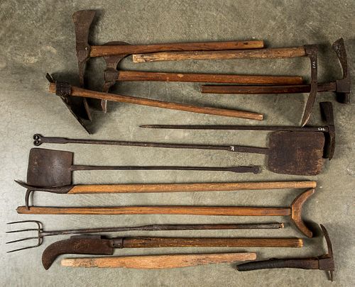 Group of early wrought iron long handled tools