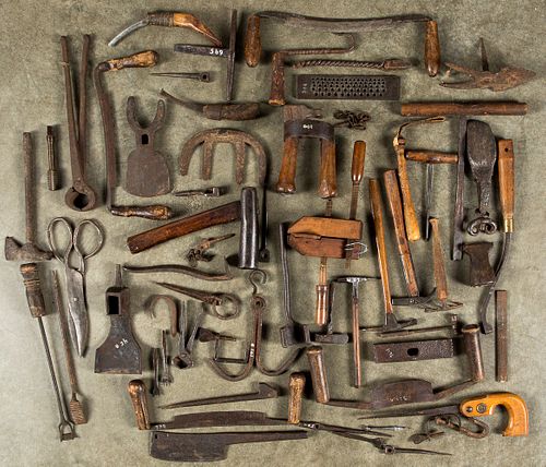 Large group of early hand tools and wrought iron