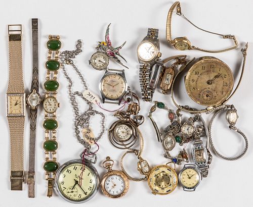 Group of wristwatches and pocket watches.