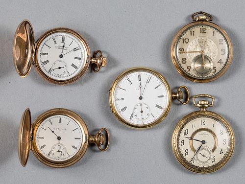 Five Elgin and Waltham gold filled pocket watches