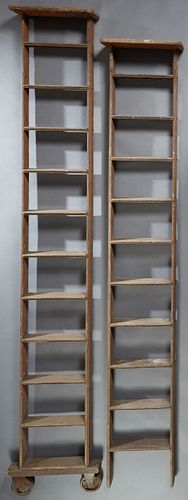 Pair of Rolling Wood Library or Store Ladders, late 19th c., one retaining original wheels, H.- 10 6 1/2 in., W.- 19 in., D.- 8 in.
