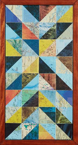 Kevin Comarda (1978-, New Orleans), "Macro," 2014, paper collage on canvas, signed and dated en verso, H.- 20 in., W.- 10 in., Framed H.- 21 1/2 in., 