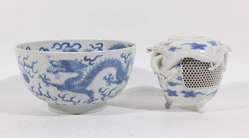 Qianglong Chinese Blue-and-White Bowl and Vessel