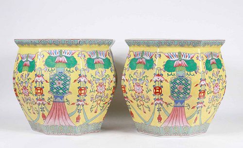 Pair of Chinese Famille Jaune Porcelain Planters