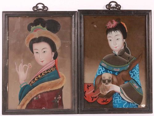 Pair of Chinese Eglomise Portraits of Women