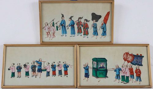 Three Chinese Watercolors on Silk of Processions