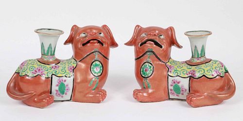 Pair of Chinese Porcelain Fu Dog Candlesticks