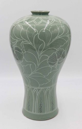 Black, White & Green Glazed Baluster Form Vase