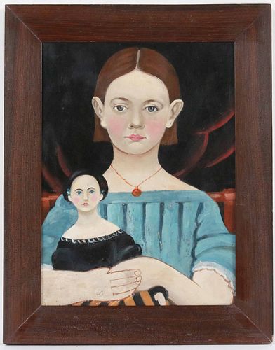 Oil on Board, Portrait of a Young Girl and Doll