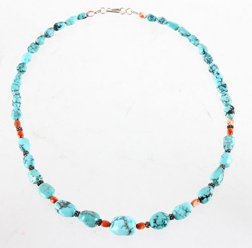 Navajo Silver Turquoise & Carnelian Necklace