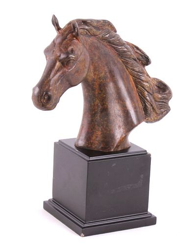 Bronze Horse Head Bust On A Wooden Pedestal