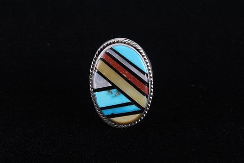 Zuni Signed Sterling Inlaid Multi-Stone Men's Ring