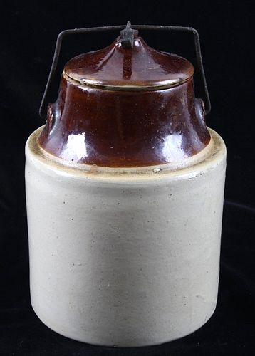 Salt Glazed Two Tone Stoneware Pottery Jar W/ Lid