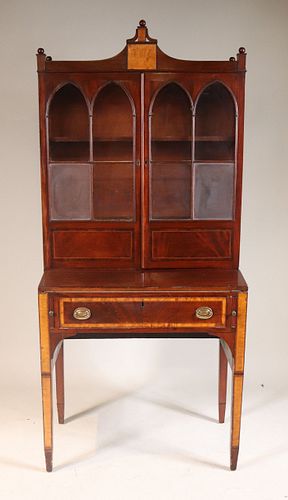 Federal Maple-Inlaid Mahogany Desk-and-Bookcase