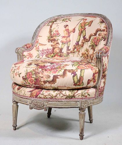 Louis XVI Style Chinoiserie Upholstered Bergere