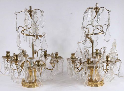Pair of Large Brass & Crystal 12-Light Candelabra