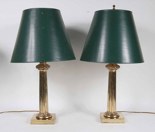 Pair of Brass Columnar-Form Table Lamps