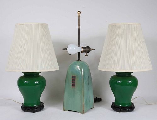 Pair of Green-Glazed Porcelain Table Lamps