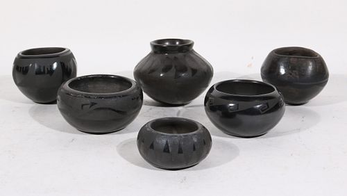 Six Santa Clara Blackware Pottery Vessels