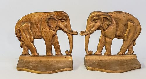 Pair of Vintage Solid Brass Figural Elephant Bookends