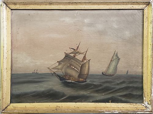 19th Century Naive Maritime Oil on Canvas Painting