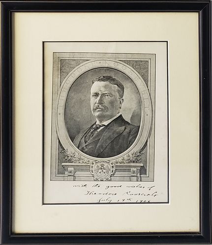 Antique Theodore Roosevelt Signed Black and White Etching, 1906
