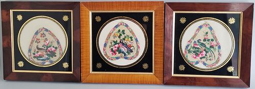 Three Framed China Trade Painted Pith Paper Fans, circa 1860