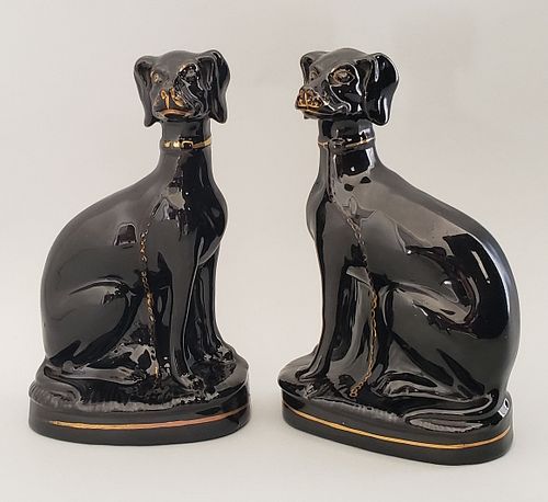 Pair of 19th Century Black Glazed Staffordshire Whippets
